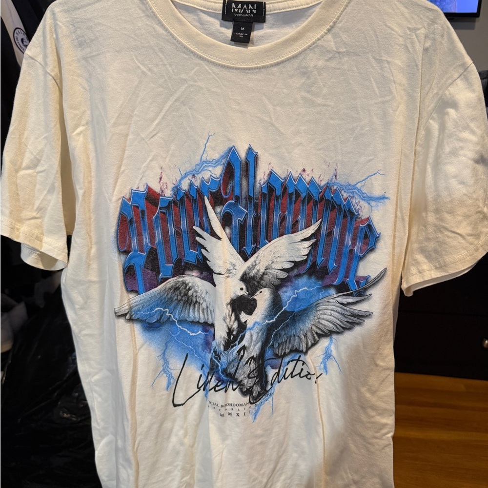Boohoo Mens Cream Graphic Tee with Blue Accents